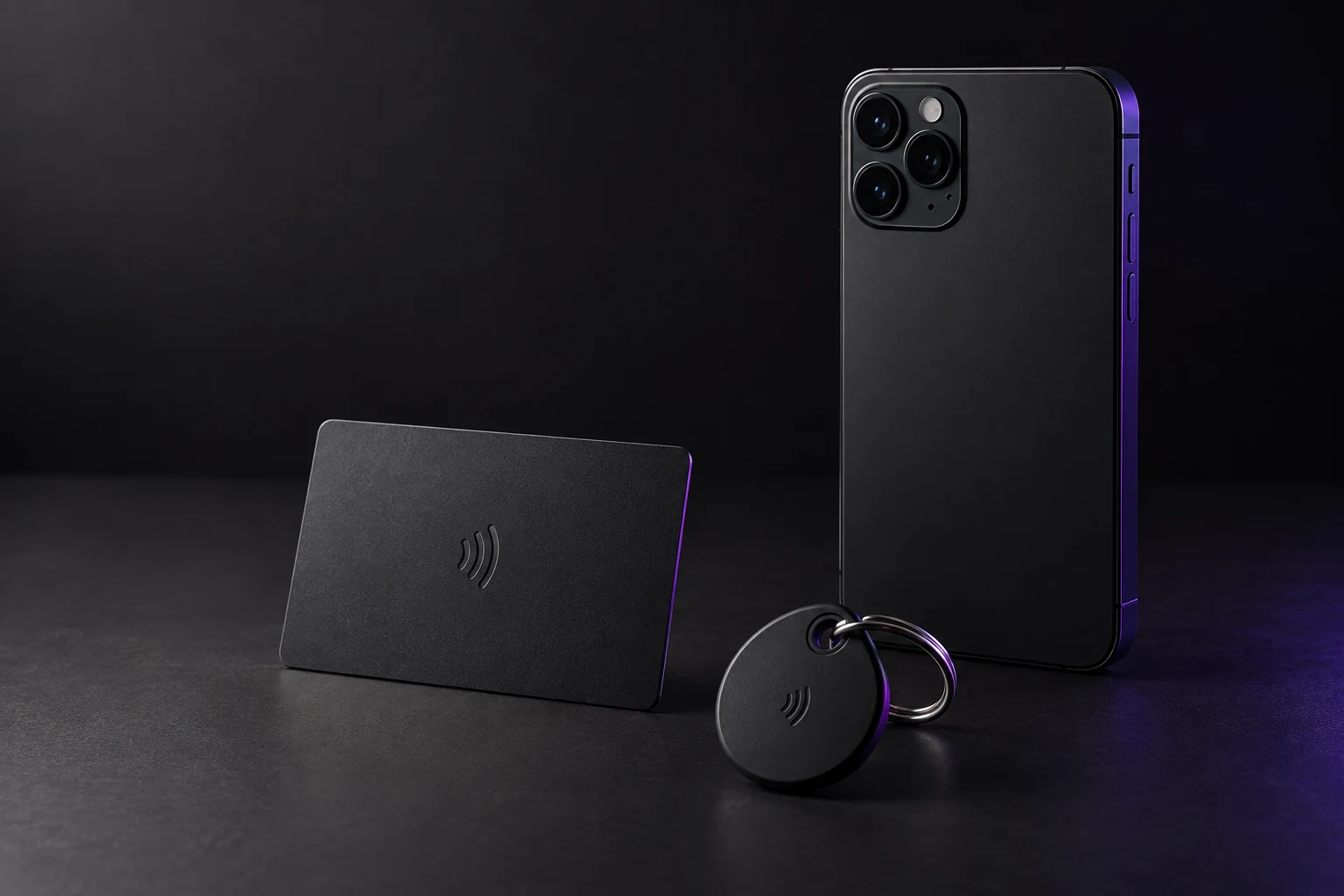 Wizualizacja czarnej wizytówki NFC, breloka i telefonu