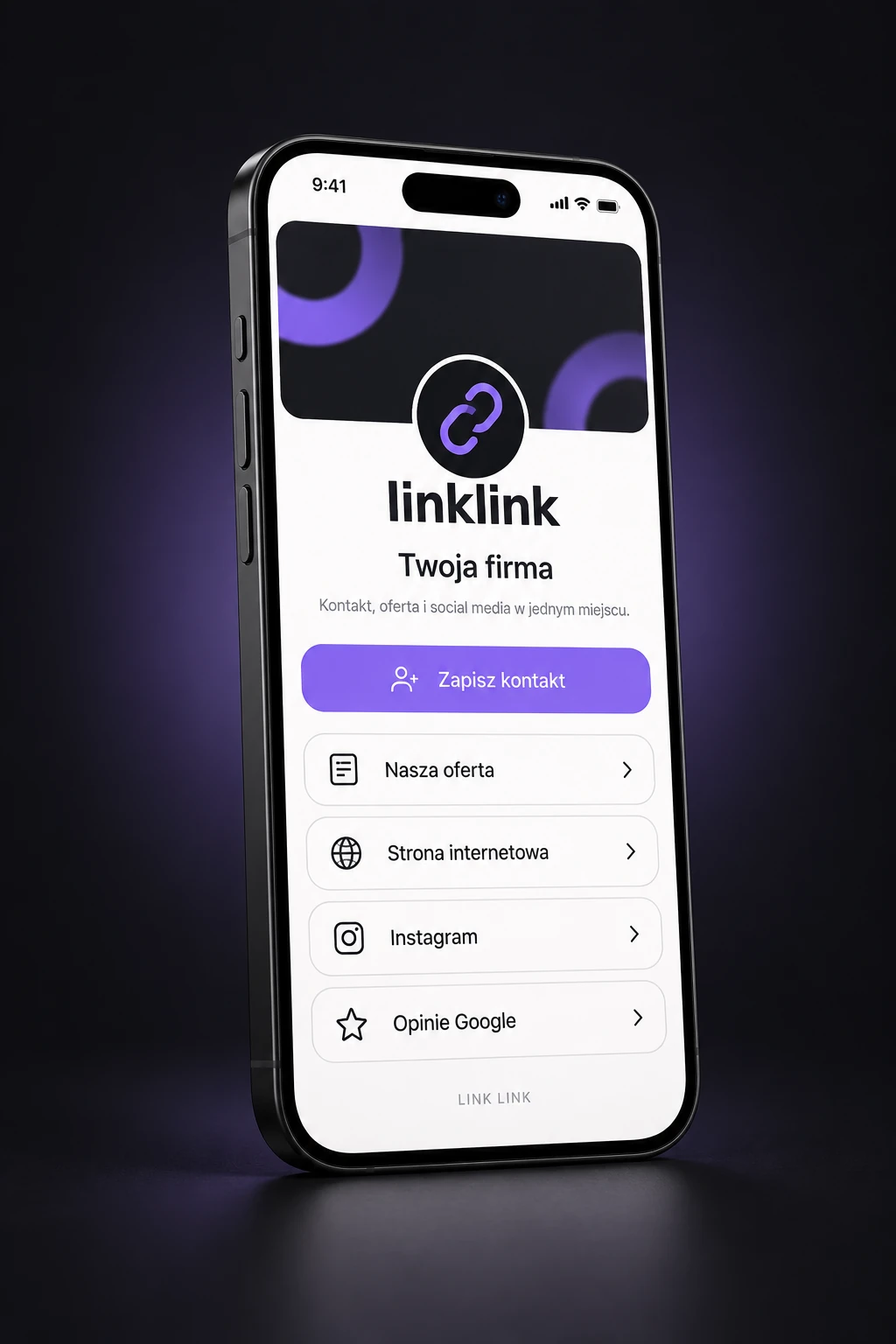 Wizualizacja iPhone’a z przykładowym profilem LINK LINK: oferta, social media i zapis kontaktu